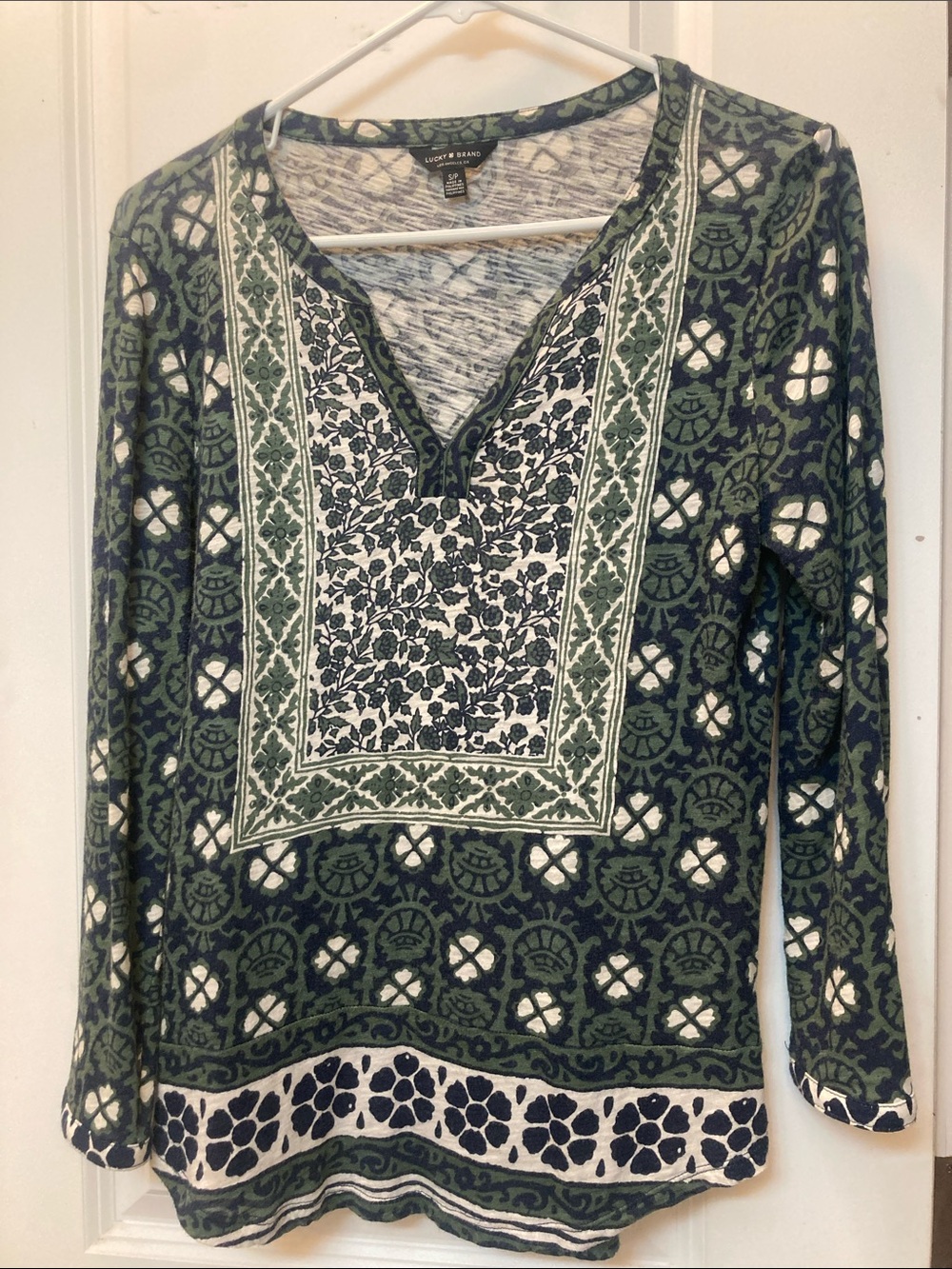 Lucky Brand Olive Green and White Printed V-Neck Tunic